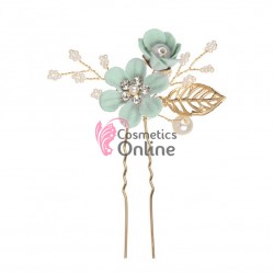 Ac metalic pentru par ACM016EE Auriu cu floare Turcoaz si strasuri